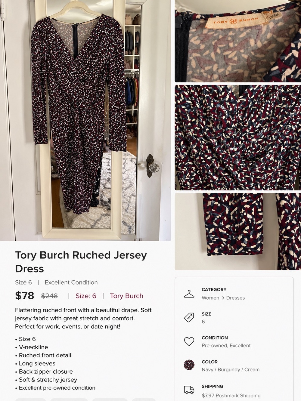 Tory Burch Navy, Burgundy & Cream Ruched Jersey Midi Dress